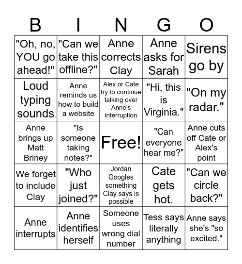 DRR Meeting Bingo Card