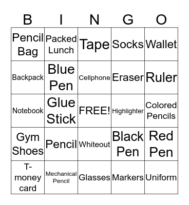 Things to bring to school! Bingo Card
