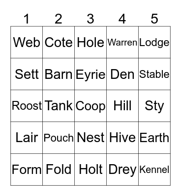 ANIMAL HOMES Bingo Card