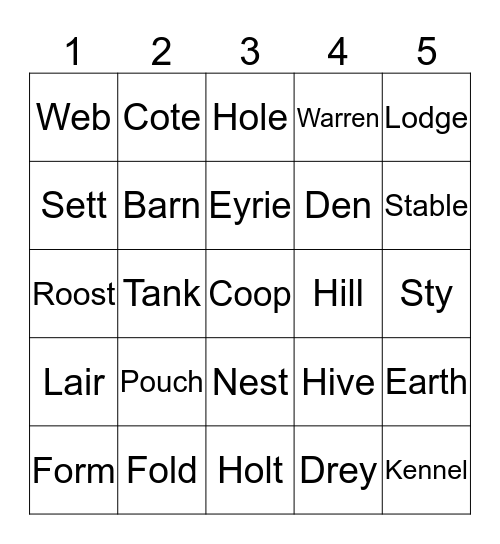 ANIMAL HOMES Bingo Card