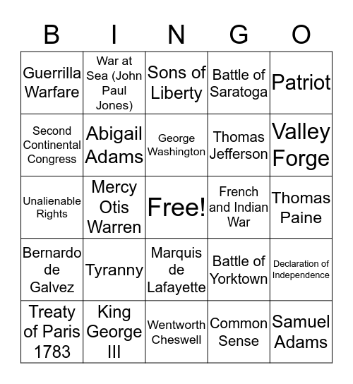 American Revolution Bingo Card