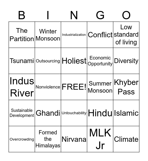 South Asia Bingo Card