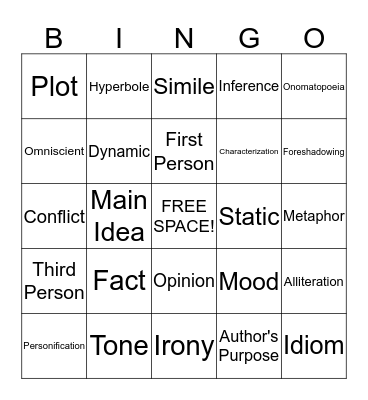 Language Arts Bingo Card