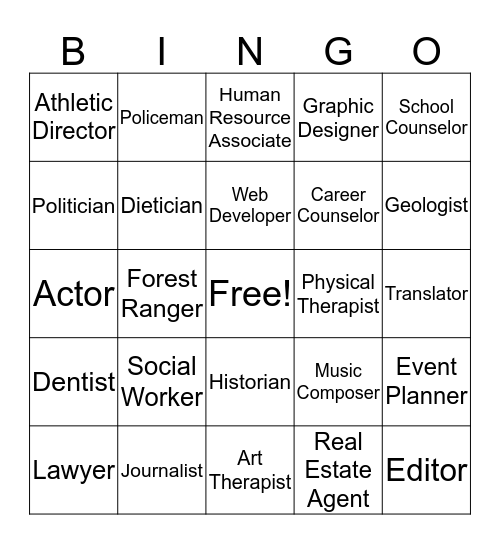 Career Discovery Bingo Card