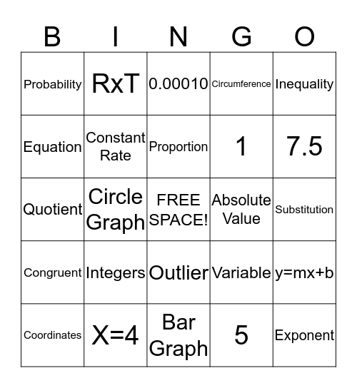 8th Grade Math Bingo Card