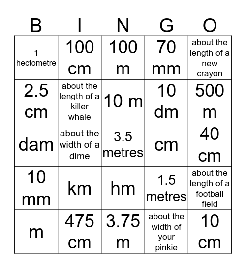 Linear Measurement Bingo Card