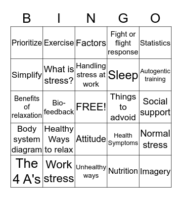 Stress Management Bingo Card