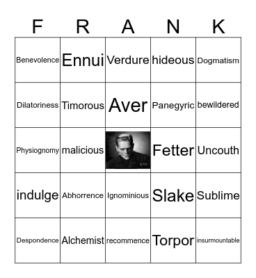 Frankenstein Vocabulary Bingo Card