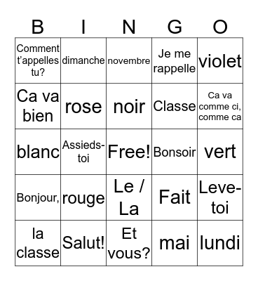 Les mots et les actions! Bingo Card
