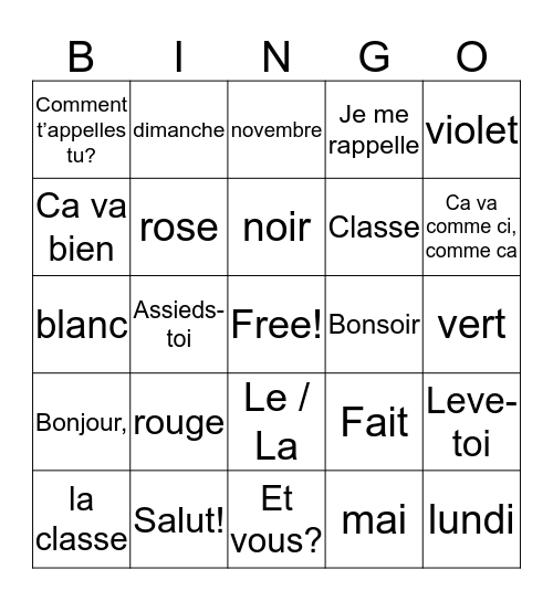 Les mots et les actions! Bingo Card