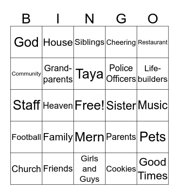 Life Builders Give Thanks Bingo Card