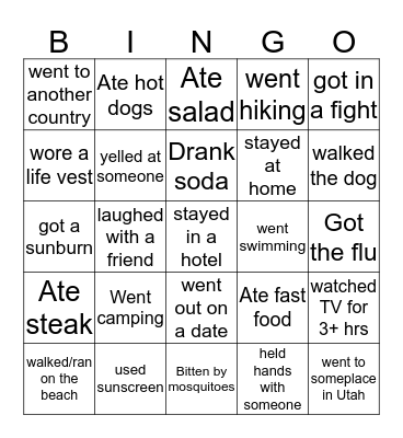 Spring Break Bingo Card