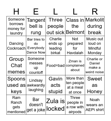 Heller High Bingo Card