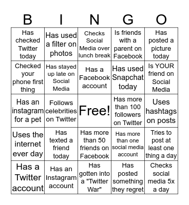 Social Media Bingo Card