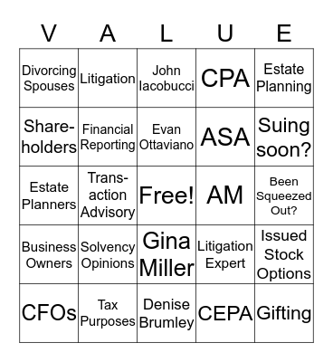 Welcome to Valuation Bingo Card