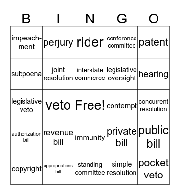 Congressional Powers and Procedures Bingo Card