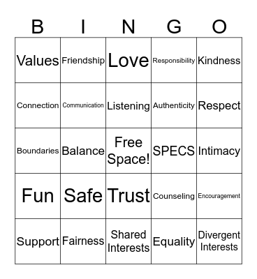 Healthy Relationship Bingo! Bingo Card