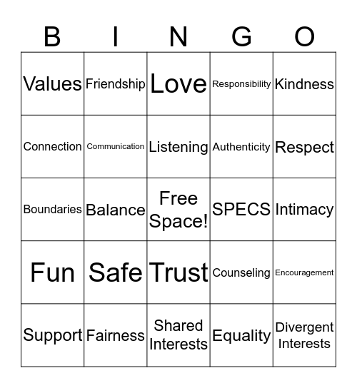 Healthy Relationship Bingo! Bingo Card