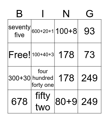 Place Value Bingo Card