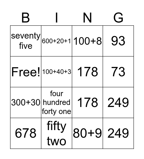 Place Value Bingo Card