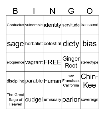 Chinese Born American Bingo Card