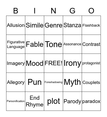 ELAR Bingo Card