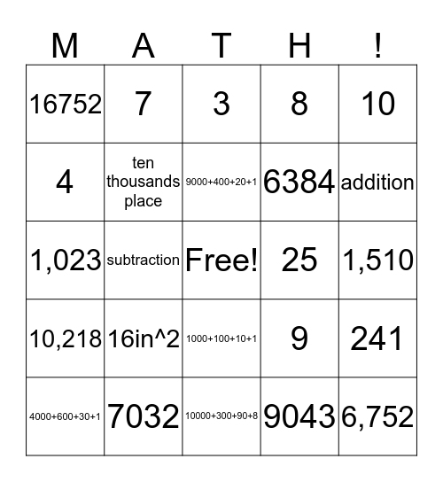Math Fun! Bingo Card