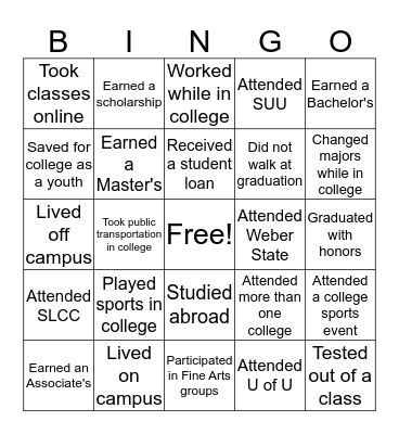 College Bingo Card