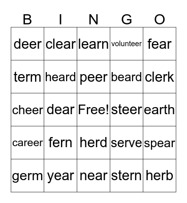 Week 20: er/ear/eer Bingo Card