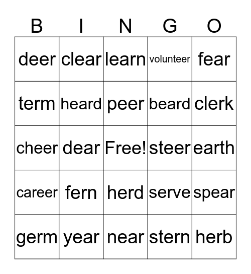 Week 20: er/ear/eer Bingo Card