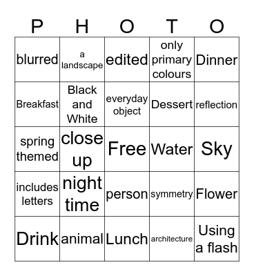 Photography Bingo - Week 4 Bingo Card