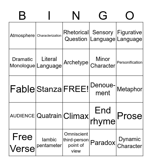 ELAR Bingo Card