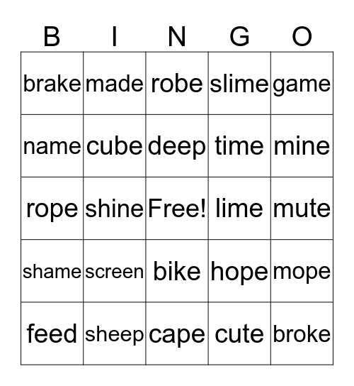 Bossy "e" words Bingo Card