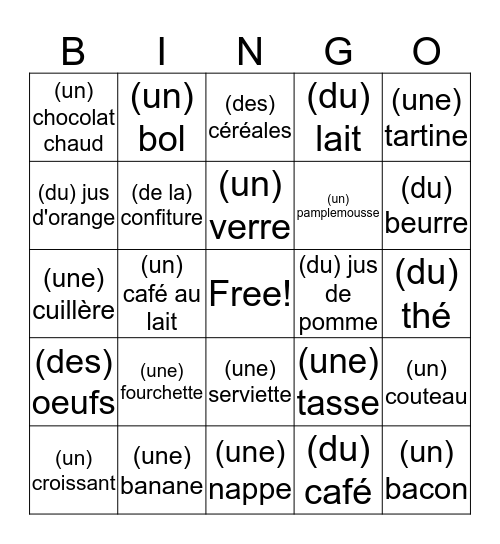 Le petit-déjeuner Bingo Card