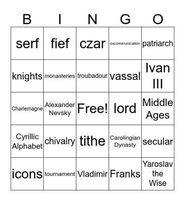 Early Middle Ages Bingo Card