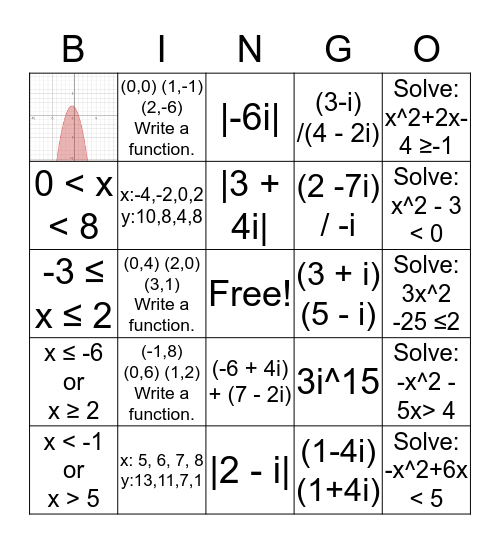 Quadratics Review Pt 2 Bingo Card