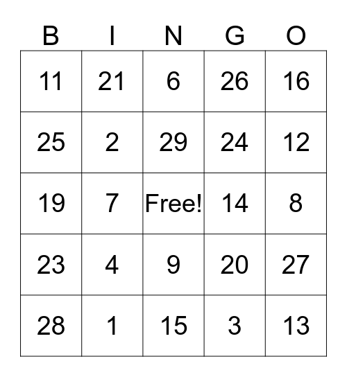 Number  Recognition Bingo Card