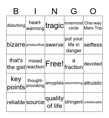 Vocabulary from week 2 Bingo Card