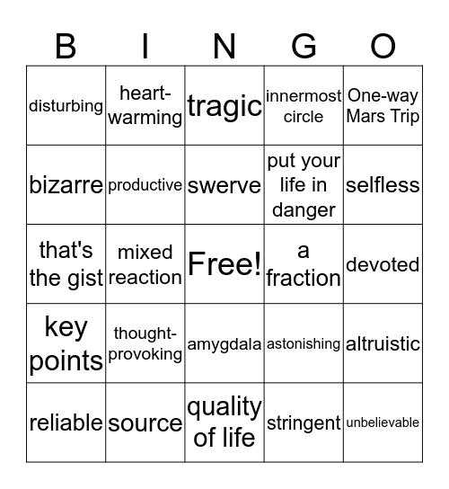 Vocabulary from week 2 Bingo Card