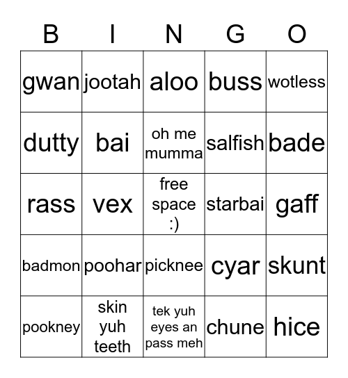 Guyanese Slang Bingo Card