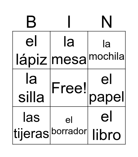 Los Colores Bingo Card