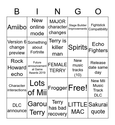 Terry Time Bingo Card