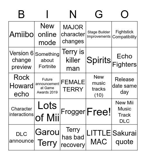 Terry Time Bingo Card