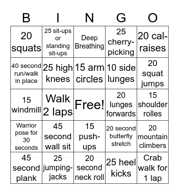 Fitness Bingo  Bingo Card