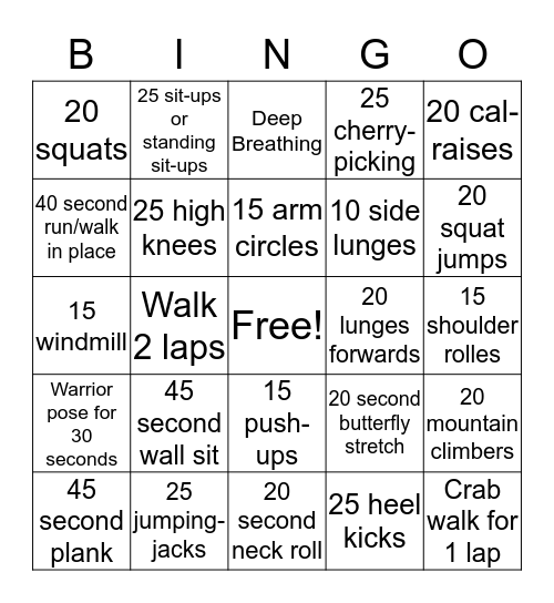 Fitness Bingo  Bingo Card