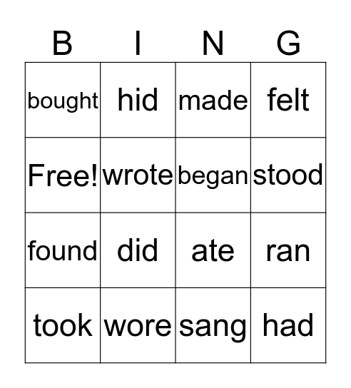 Past Tense Bingo Card