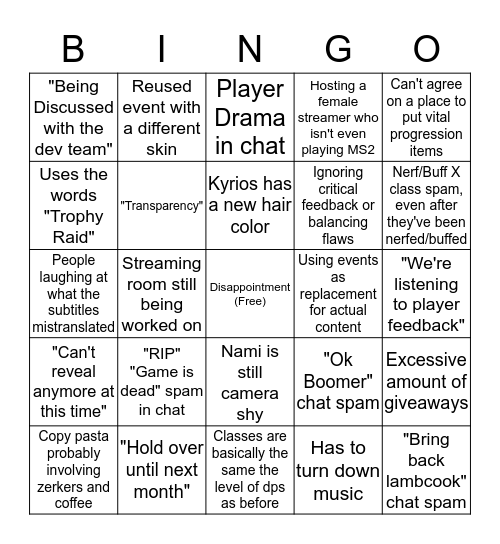 MS2 Disappointment Stream Bingo Card