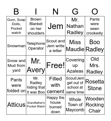 To Kill A Mockingbird: Chapters 7 & 8 Bingo Card