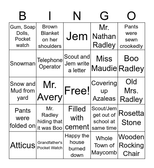 To Kill A Mockingbird: Chapters 7 & 8 Bingo Card