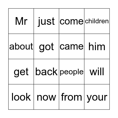High Frequency Words Bingo Card